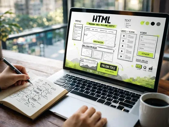 Web sitesi yaptırmak isteyenler için planlama aşamasını temsil eden laptop ve tasarım şeması.