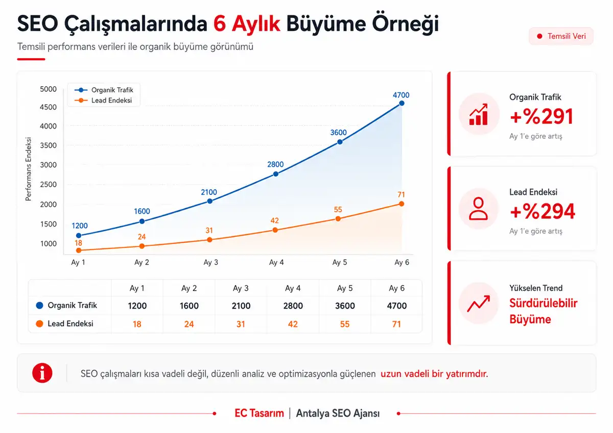 SEO çalışmaları ile 6 aylık organik trafik ve dönüşüm büyüme örneği